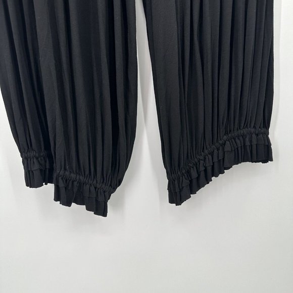 Kedem Sasson Solid Black Elastic Waistband‎ Ruffle Hem Wide Leg Pants One Size - Picture 9 of 10
